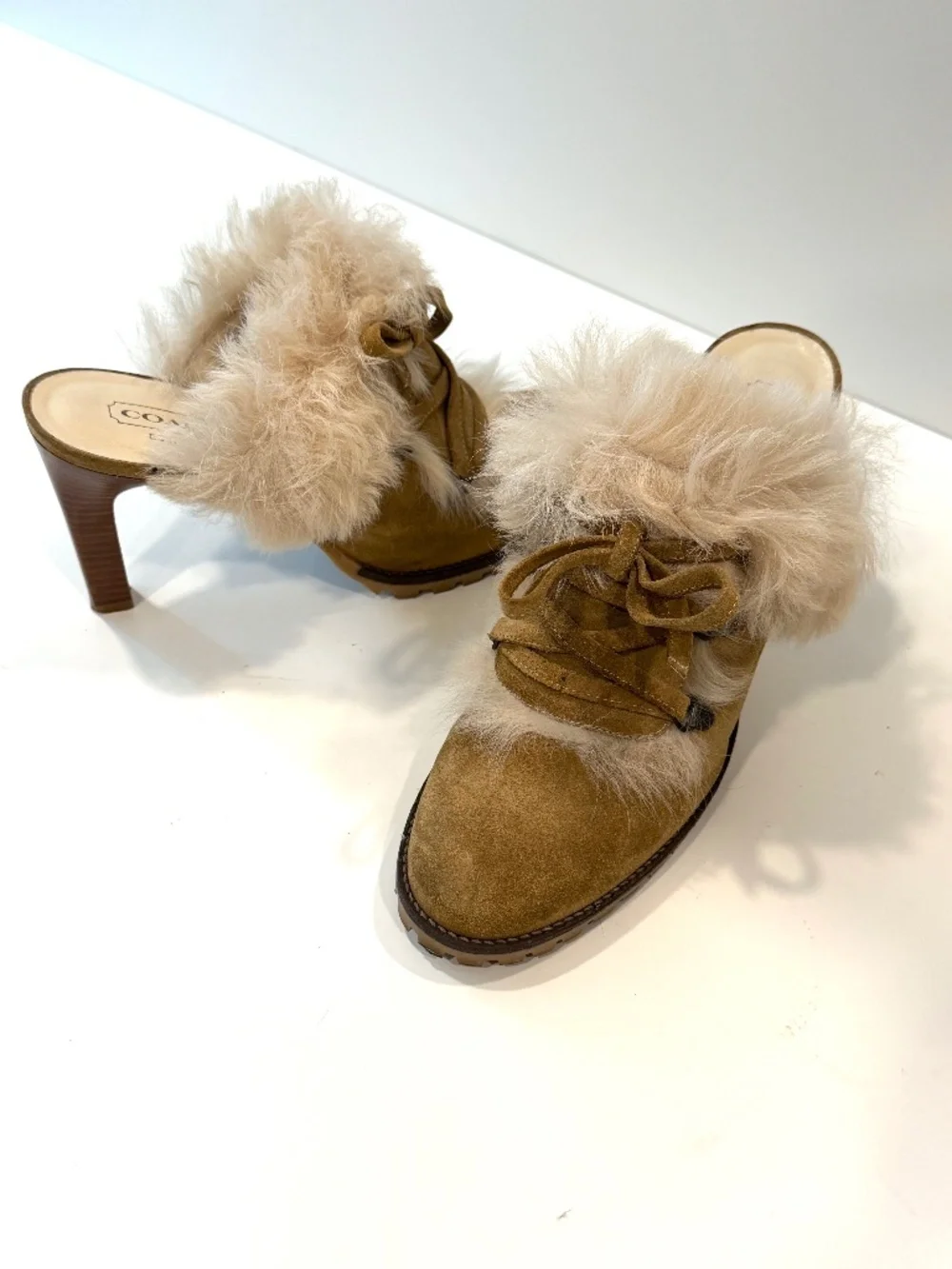 COACH Kristy Suede & Faux Fur Heeled Mules Tan / Chestnut Brown